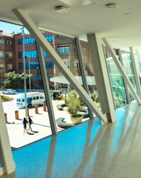 A hospital walkway with resinous flooring