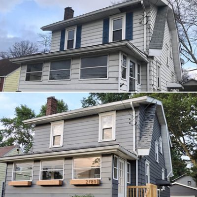 A before and after newly painted gray house. S-W featured color: SW 7075 Web Gray. Photo credit @idreaminblueprints.