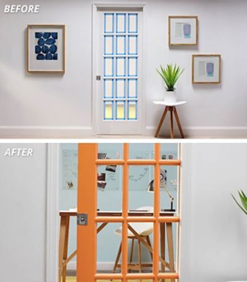 A before and after of a home office being painted. SW colors featured SW 6887, SW 6764
