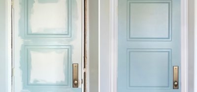 A before and after of a painted door.