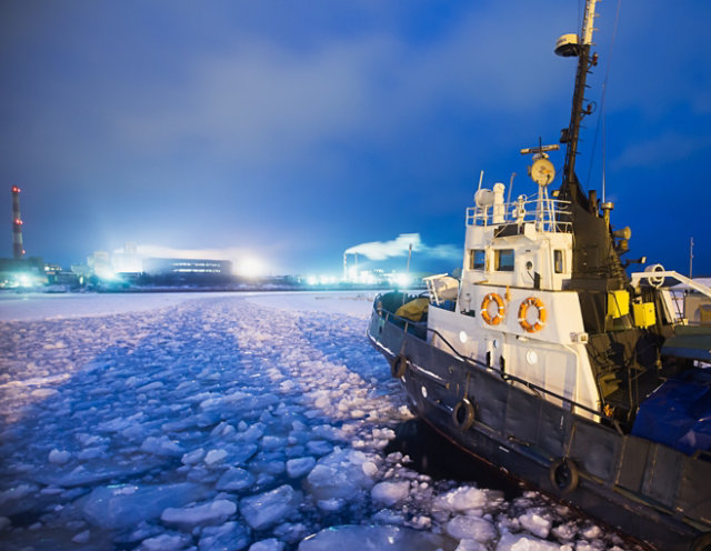 Icebreaker moving through icy water