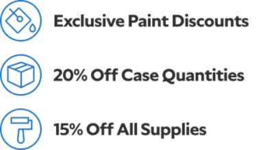 Exclusive paint discounts. 20% off paint supplies in case quantities. 15% off paint supplies.