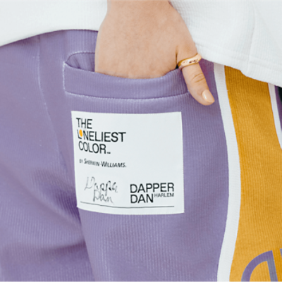 Up close of pants designed by Dapper Dan.