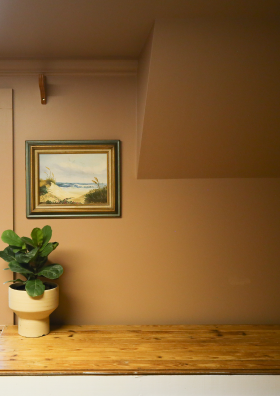 A warm space with a natural wood table topped with a green plant by influencer Probably This.