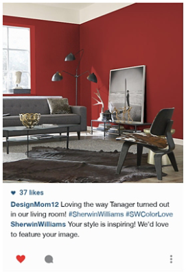A screenshot of an Instagram post from someone who used the SWCOLORLOVE hashtag. The photo shows a grey couch and cow-hide chair with red painted walls.