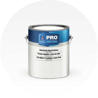 A can of Sherwin-Williams Pro Industrial waterbased alkyd urethane paint.