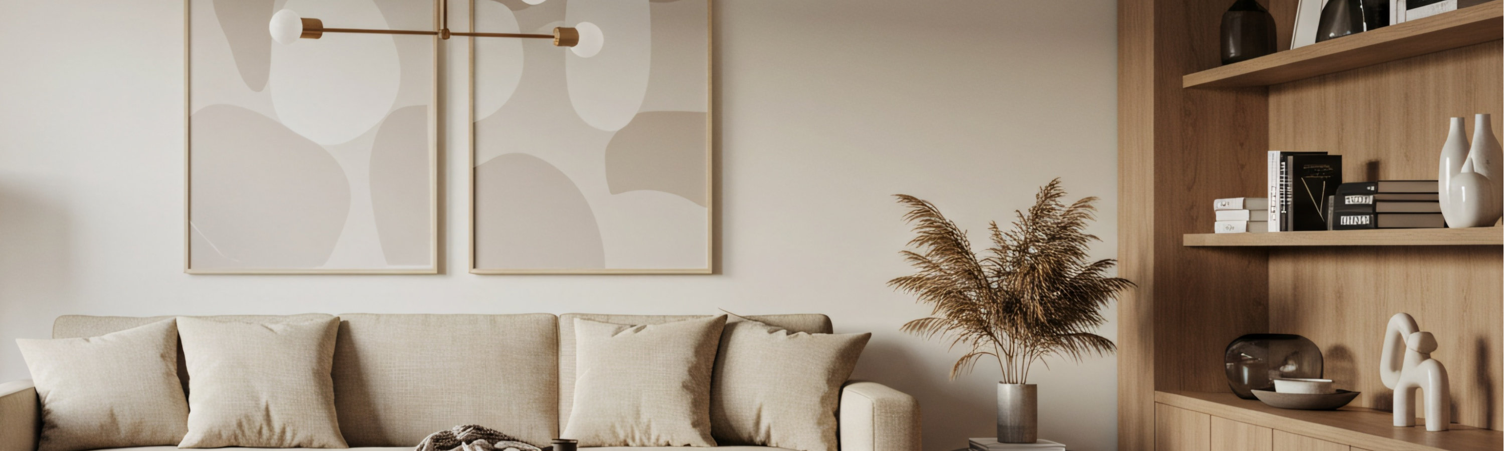 Soggiorno moderno con finiture in legno naturale, mobili e scaffali in legno, tavolino da caffè ed elementi decorativi in lamina.