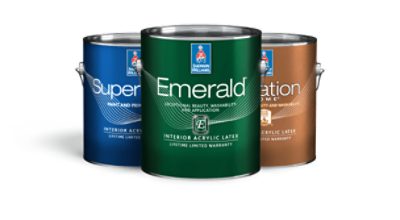 Three cans of interior paint.