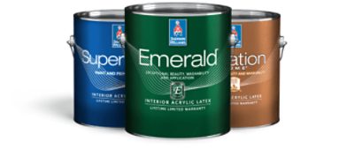 Three cans of interior paint.