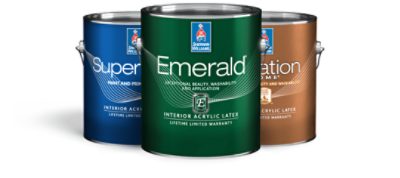 A photo of three one gallon interior paint cans including Emerald Interior Acrylic Latex, SuperPaint Interior Acrylic Latex, and Duration Home Interior Acrylic Latex.