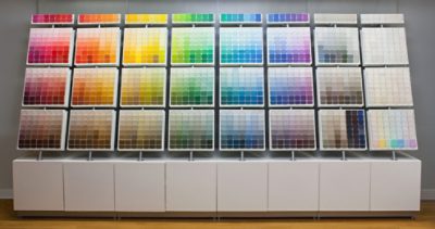 A color chip wall display used in Sherwin-Williams stores.