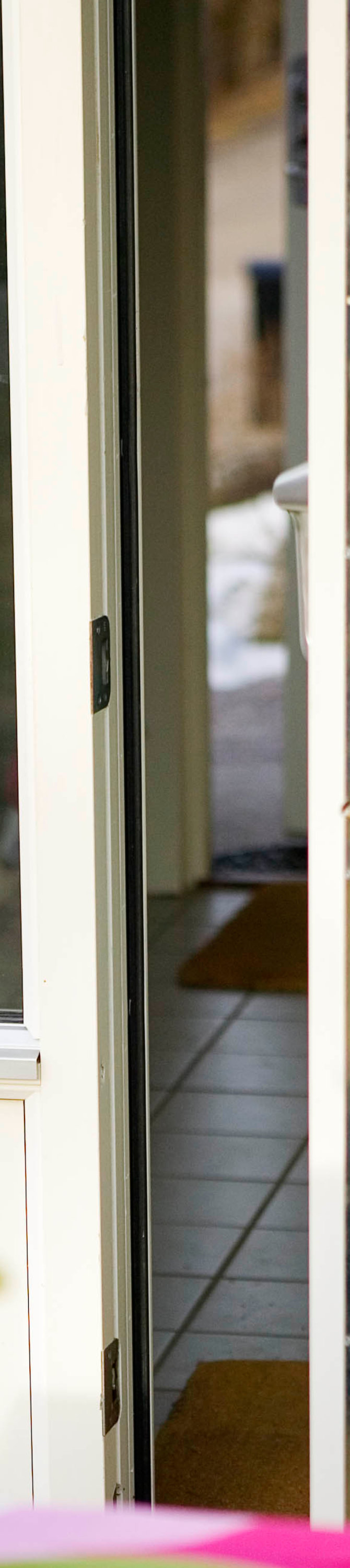 Exterior glazed door with white wood frame connecting outdoor patio and indoor living space