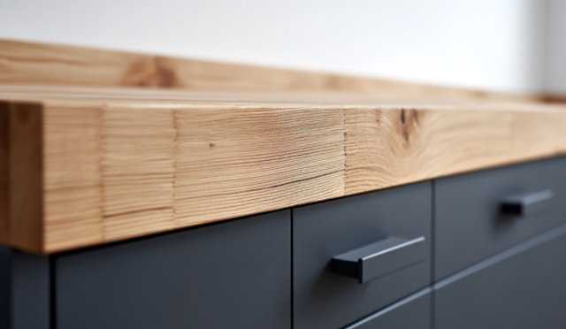 Close-up of a cabinet with light wood top and dark drawers featuring modern handles.