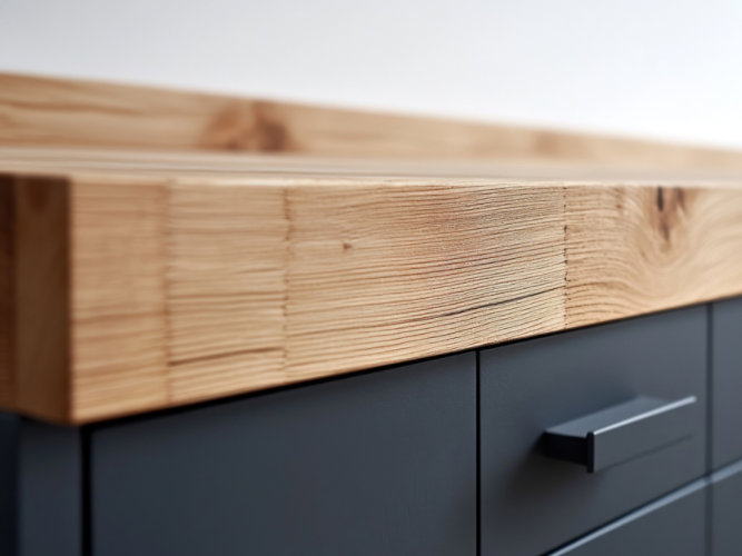 Close-up of a cabinet with light wood top and dark drawers featuring modern handles.