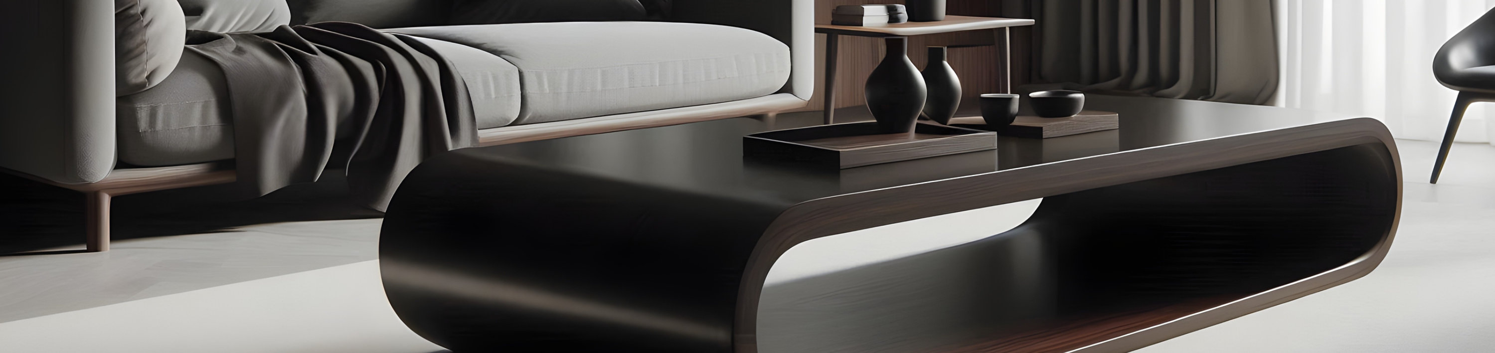 Minimalist living room with grey sofa, curved wooden coffee table, and soft natural light.