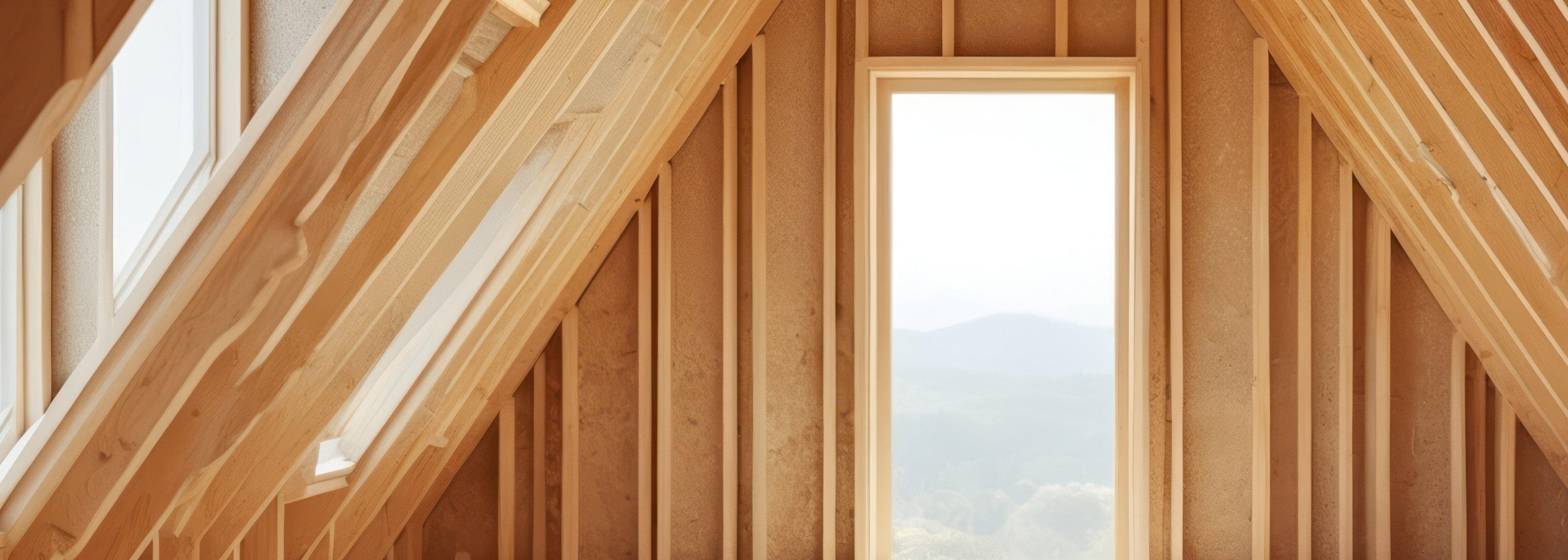 Wooden attic with exposed beams and rafters, wooden floor.