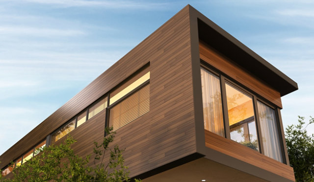 Modern building with horizontal wooden cladding and large black-framed windows under a clear sky. Sayerlack
