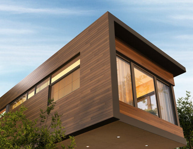 Modern building with horizontal wooden cladding and large black-framed windows under a clear sky. Sayerlack