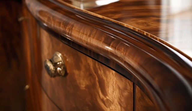 Close-up of a polished wooden cabinet with brass handles and curved edges.