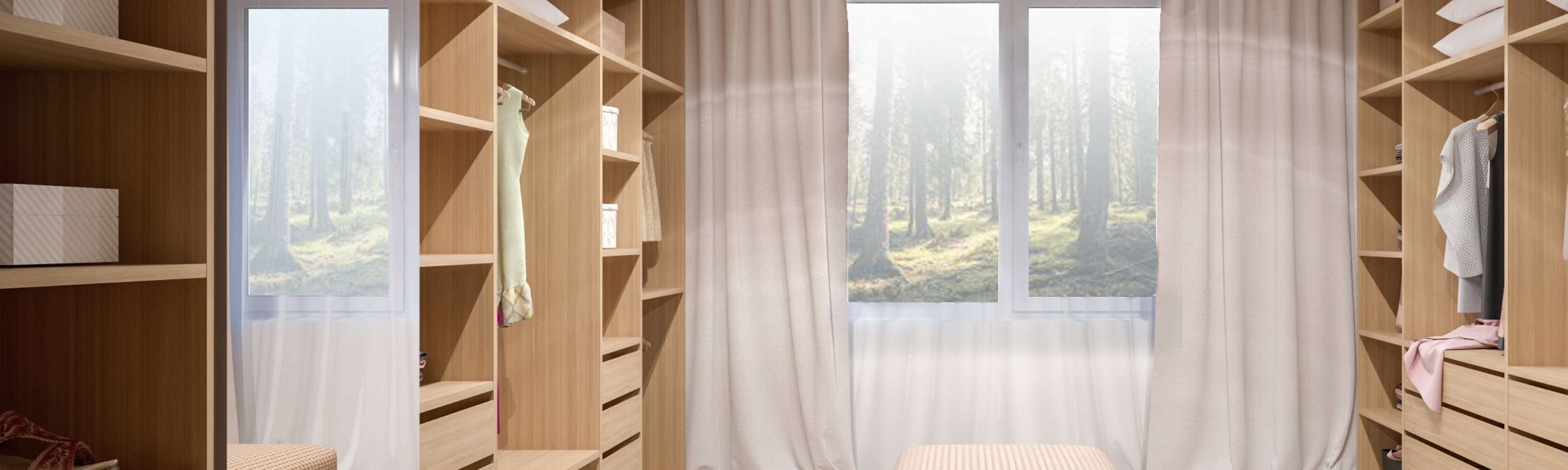 Walk-in wardrobe with wood shelving and drawers, finished with backside panels and board wood coatings.