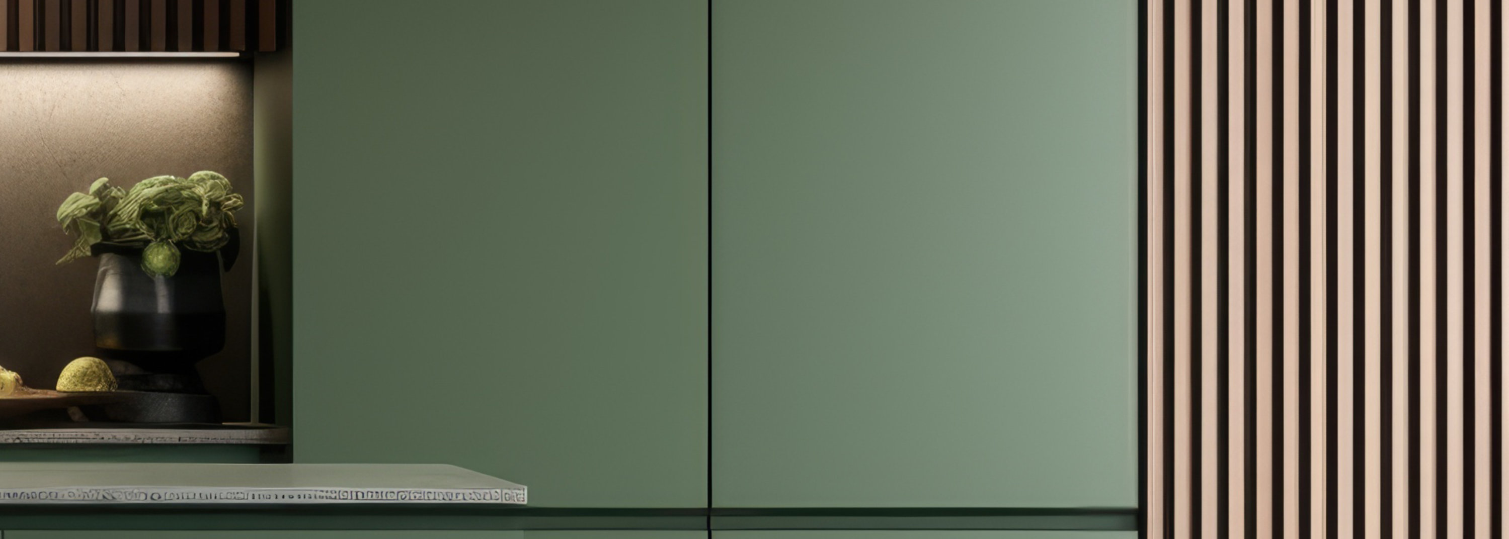 Modern kitchen with green cabinetry, wooden dining table, minimalist chairs, and vertical decorative slats.