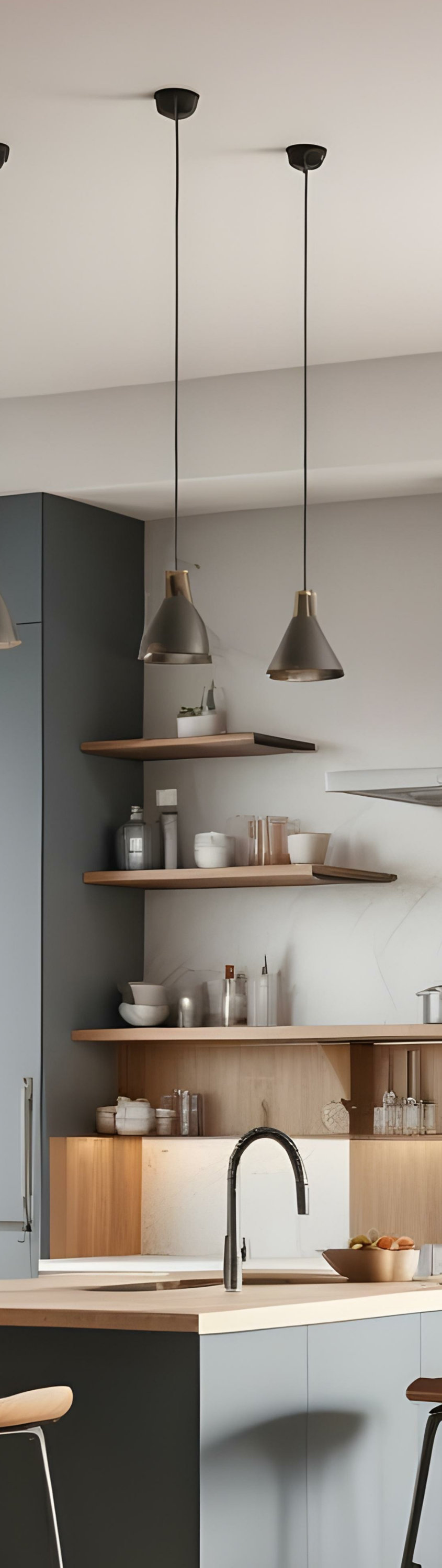 Modern kitchen with central island, wooden stools, pendant lights, and open shelving.