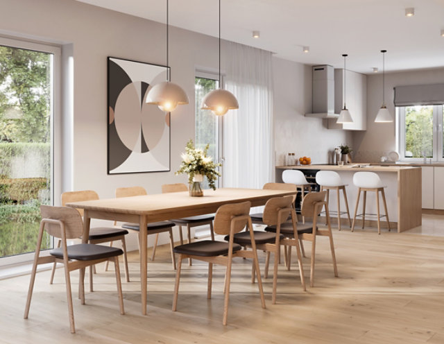 Contemporary kitchen and dining space with light wood cabinetry and furniture, showcasing natural wood finishes and bright interior design.