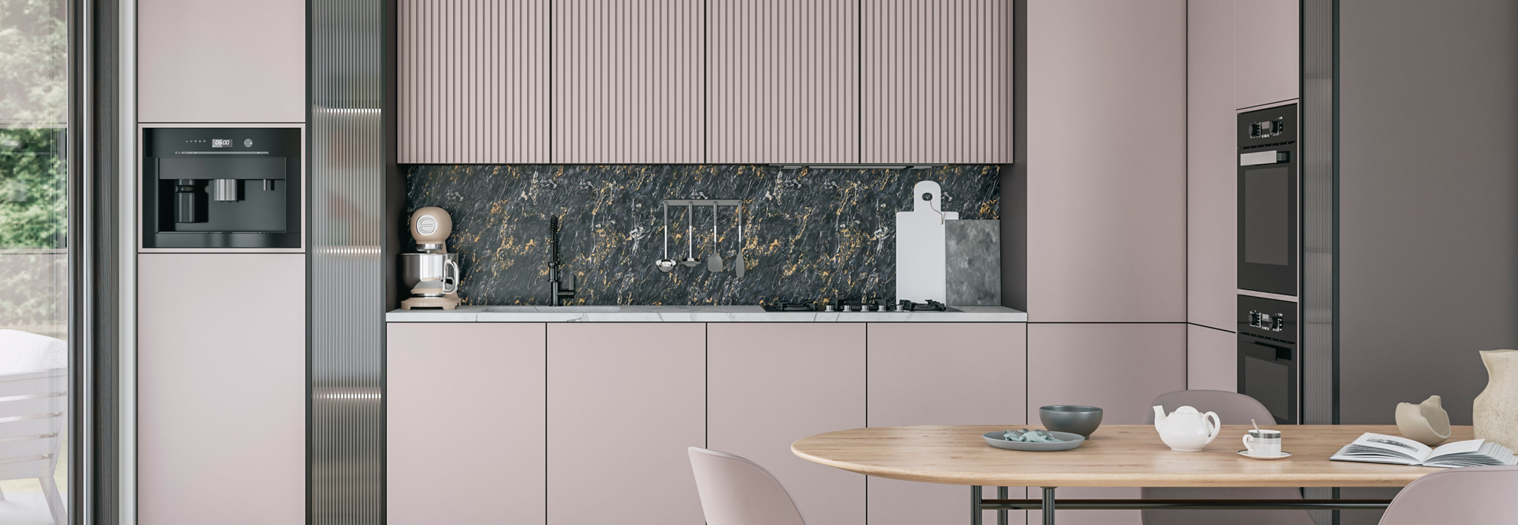 Contemporary kitchen design with smooth coated cabinetry, textured vertical panels and a dark stone-effect backsplash, highlighting refined surface finishes.