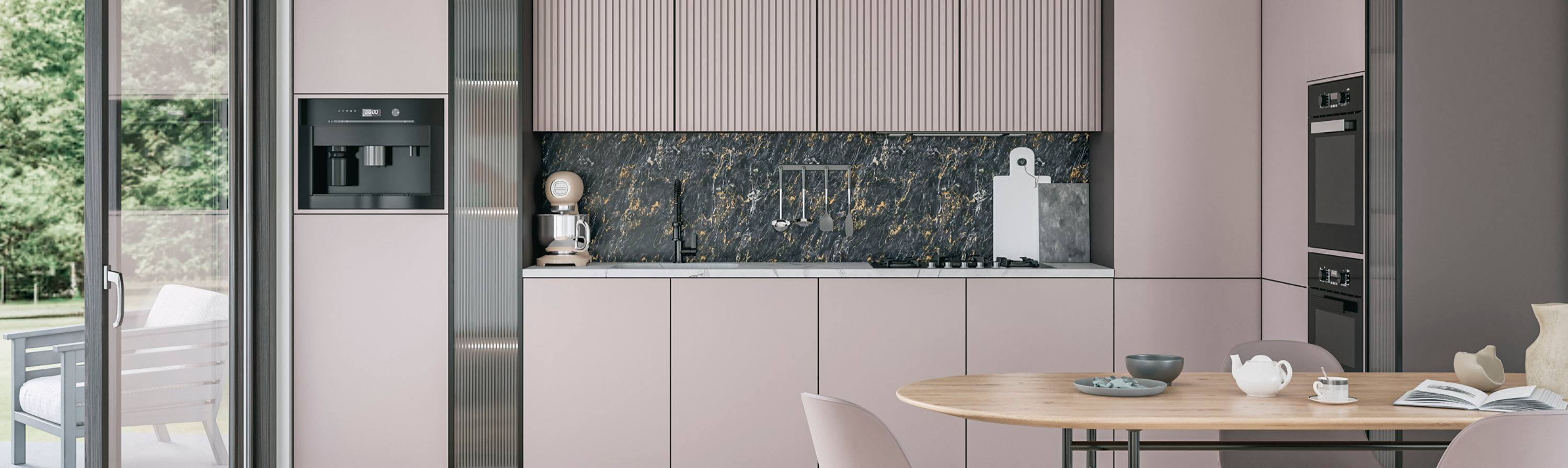 Contemporary kitchen design with smooth coated cabinetry, textured vertical panels and a dark stone-effect backsplash, highlighting refined surface finishes.