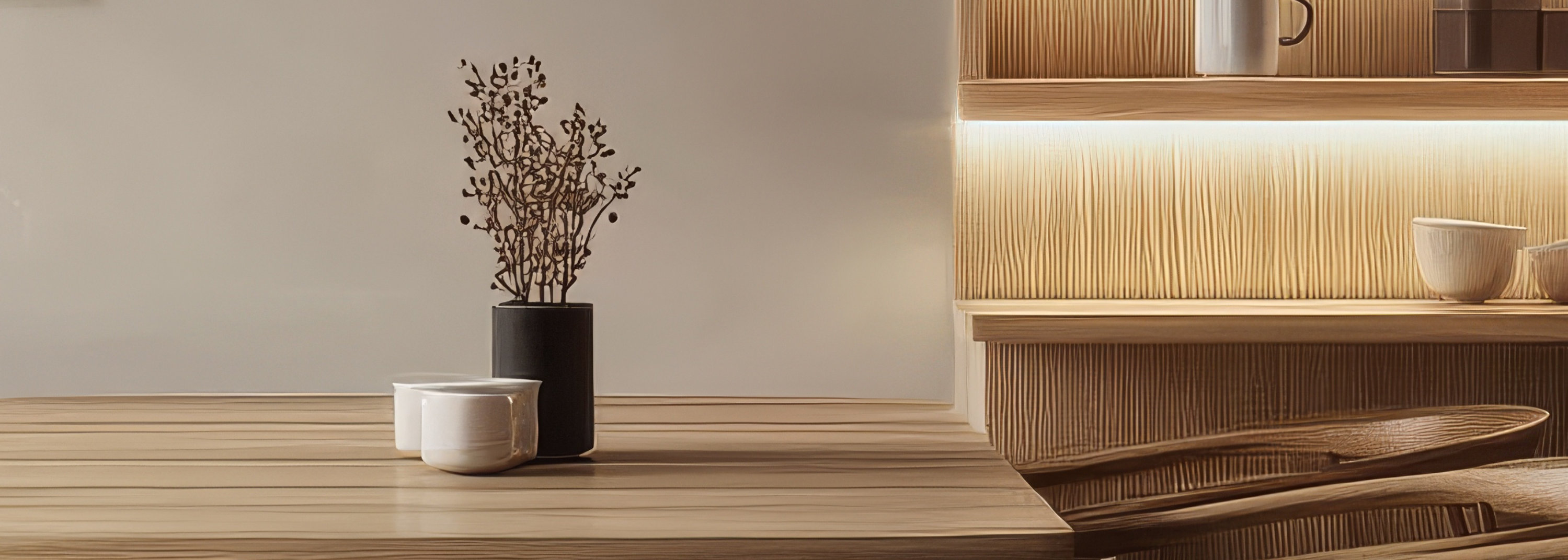 Modern dining area featuring light wood furniture, slatted wood wall panels, and illuminated shelving with a natural wood finish