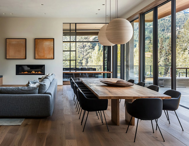 Modern open-plan living and dining area with large windows, grey sectional sofa, wooden table, and pendant lights. Sayerlack