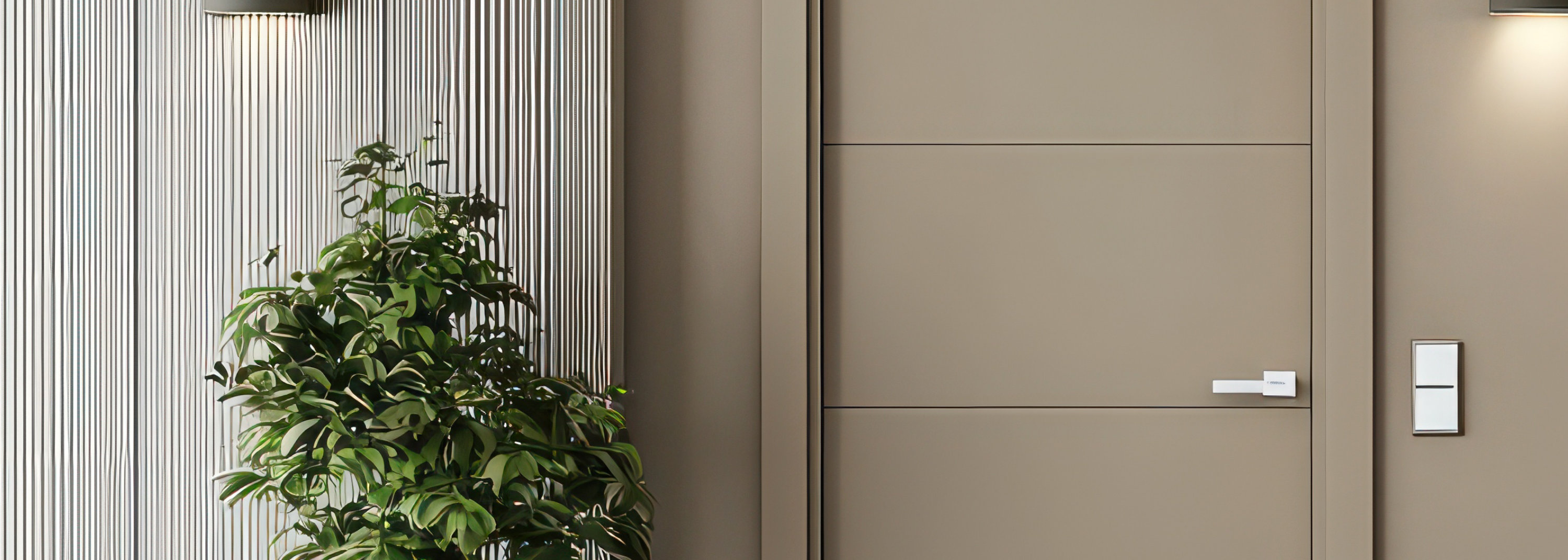 Modern entryway with beige door, wall-mounted lights, vertical wood paneling, and concrete accents.