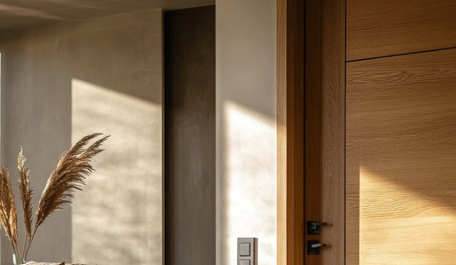 Wooden interior door with horizontal panels and matte black hardware.