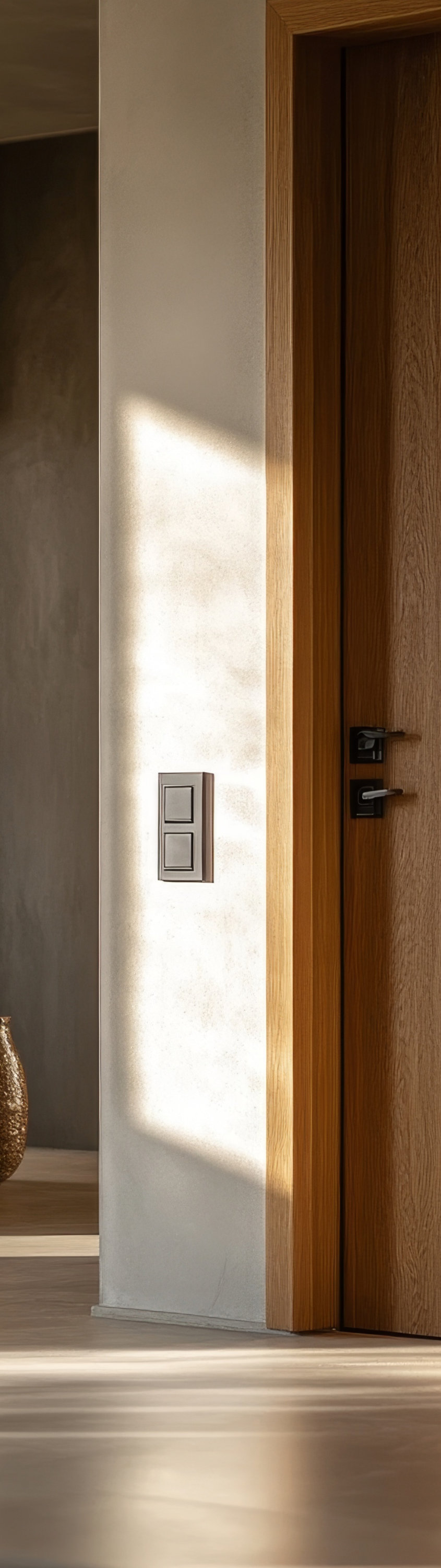 Wooden interior door with horizontal panels and matte black hardware.