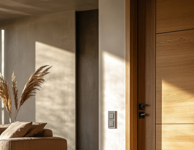 Wooden interior door with horizontal panels and matte black hardware.