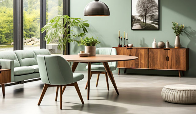 Stylish modern living room with mint green furniture, wooden dining table, and large windows