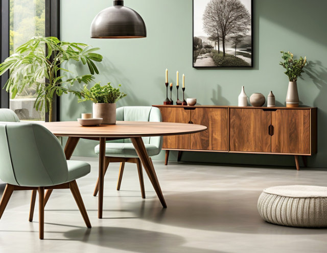 Stylish modern living room with mint green furniture, wooden dining table, and large windows