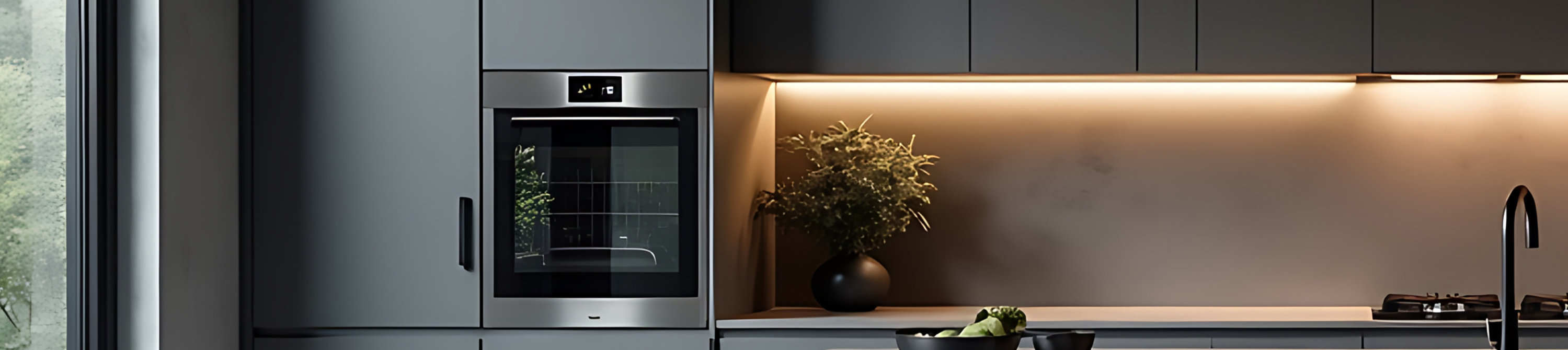Modern kitchen with dark grey cabinets, island seating, and large windows.