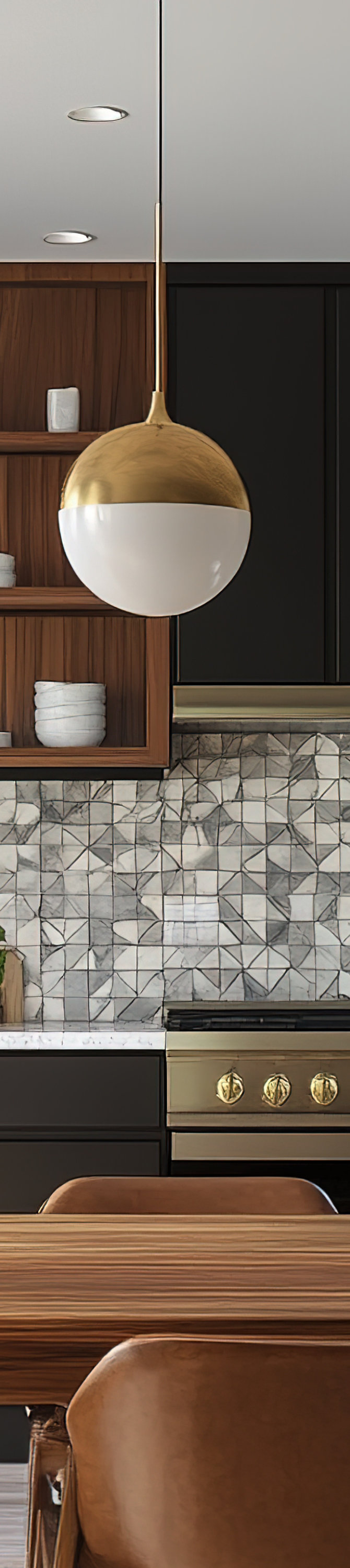 Modern kitchen with black cabinets, wooden table, and pendant lights.
