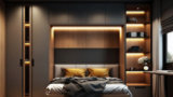 Modern minimalist bedroom with wood shelves, warm lighting, and gray-yellow bedding.