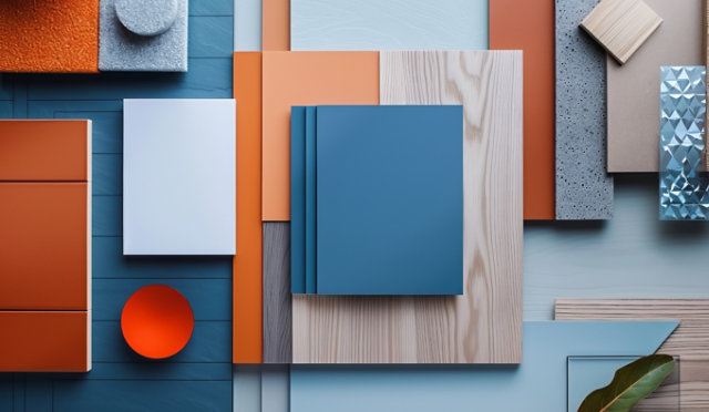 Flat lay of colorful material samples including wood, metal, fabric, and a blue book.