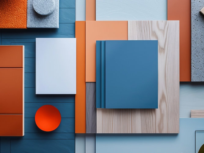 Flat lay of colorful material samples including wood, metal, fabric, and a blue book.
