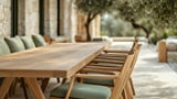 Outdoor patio with a long wooden dining table and wooden chairs with green cushions, set beside a stone building and shaded by surrounding trees.