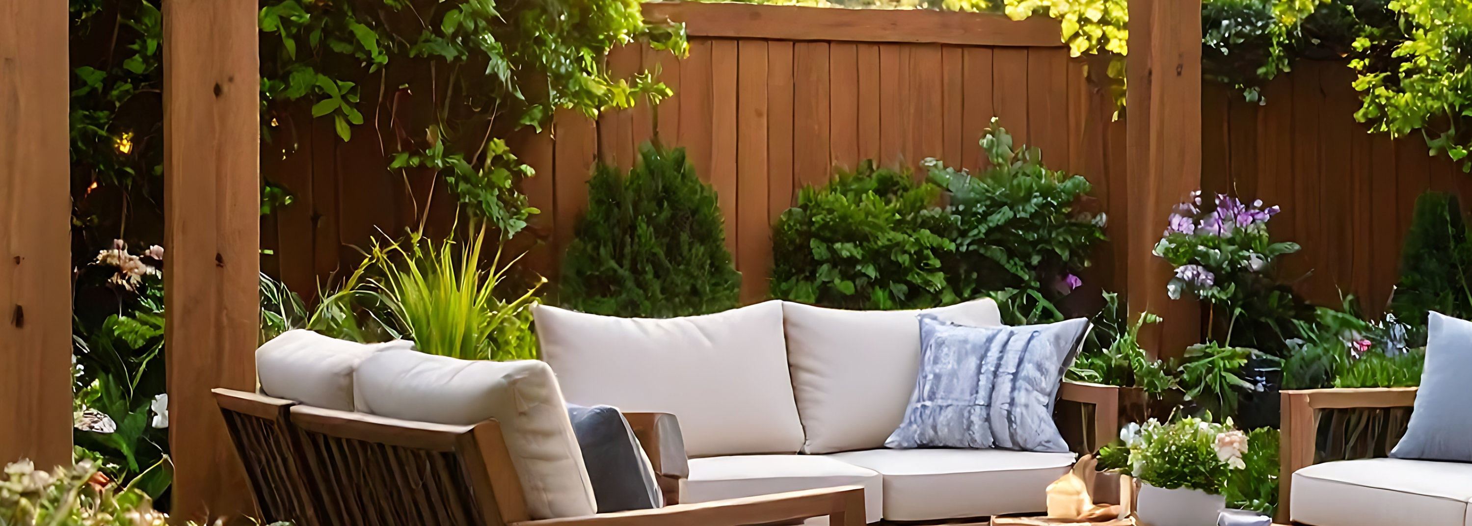 Wooden patio furniture under a pergola, surrounded by greenery.