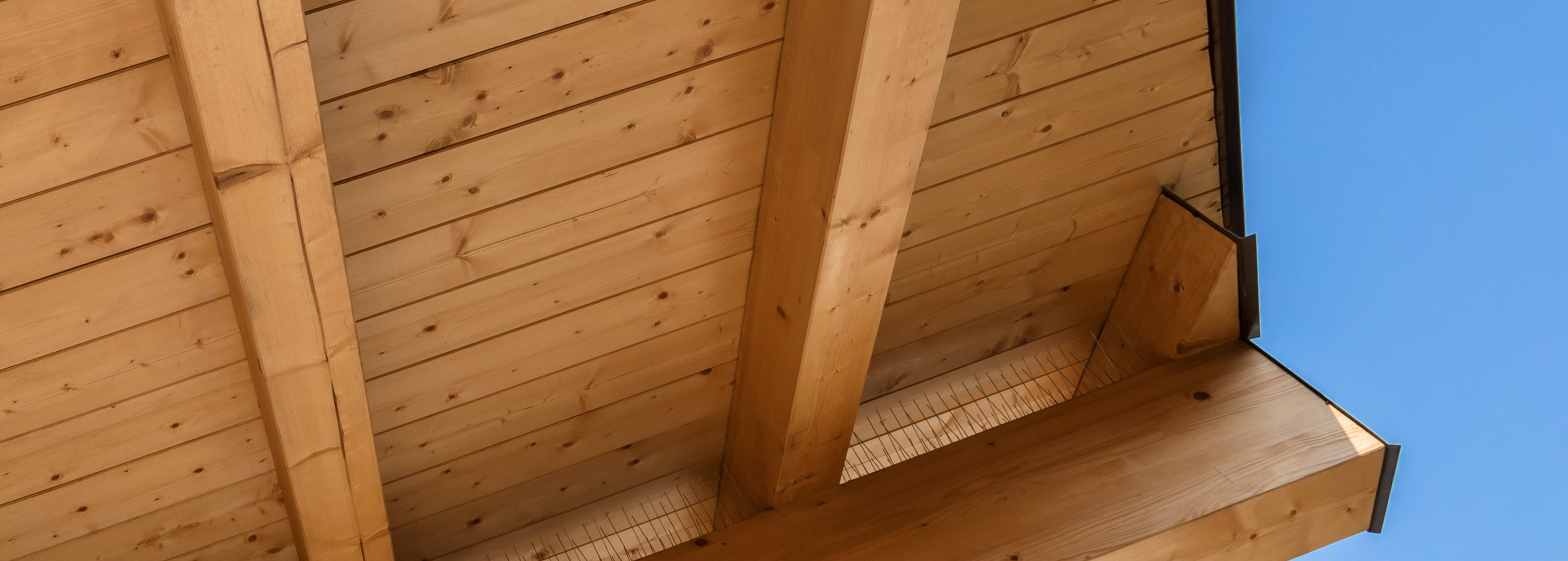 Exterior view of a wooden attic roof with exposed beams and polished wooden planks.