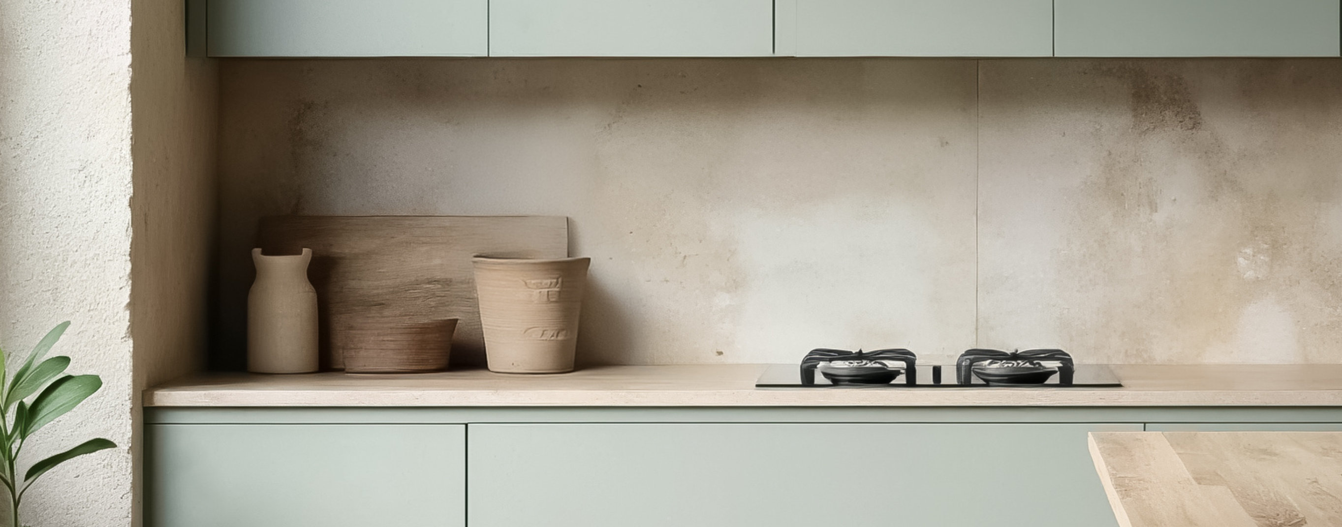 Kitchen with wooden surface, green cabinets, and a small wooden stool. - Sayerlack