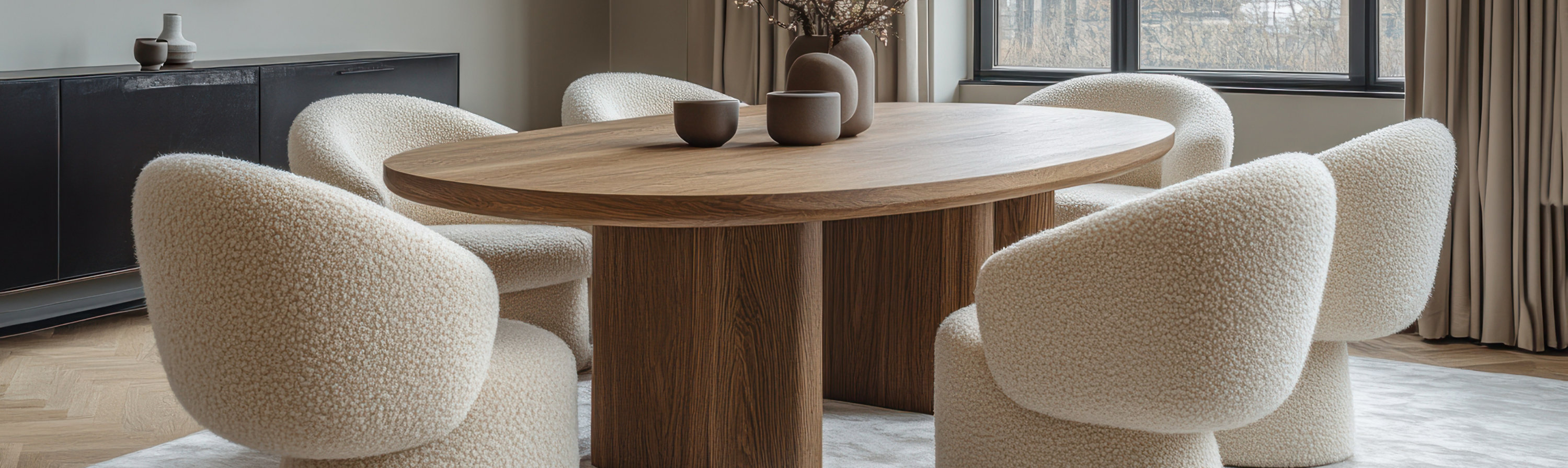 Modern dining room with wooden table, white chairs, and minimalist decor near large windows