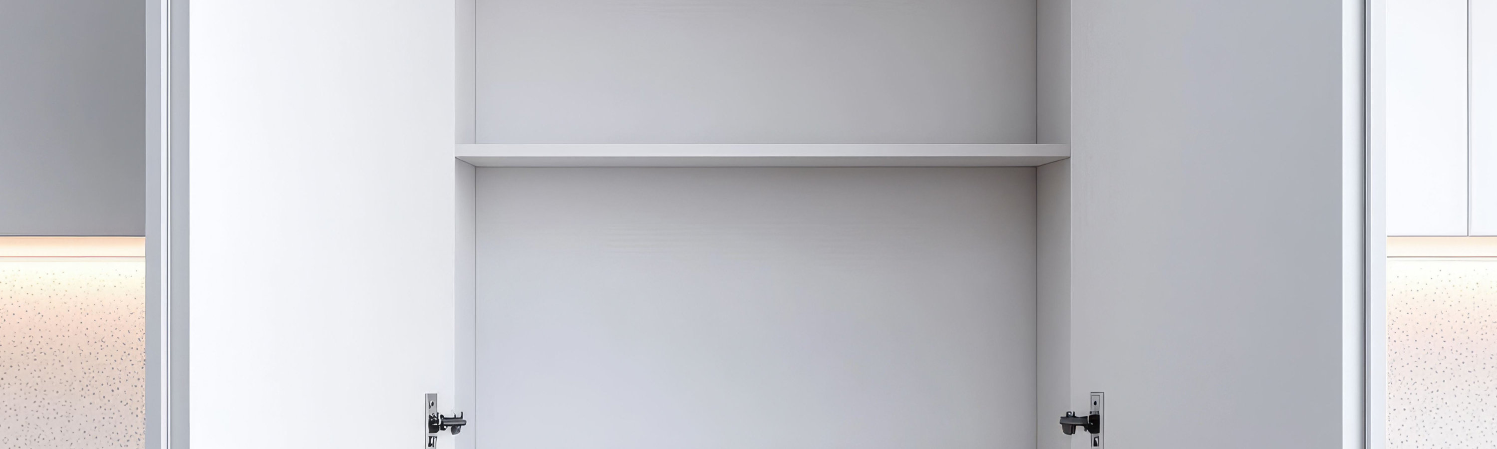 Open kitchen wall cabinet with wood interior panels, finished with backside panels and board wood coatings.