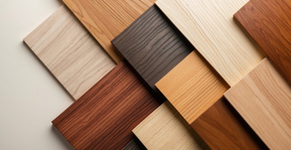 Overlapping wooden planks in various shades and grain patterns.