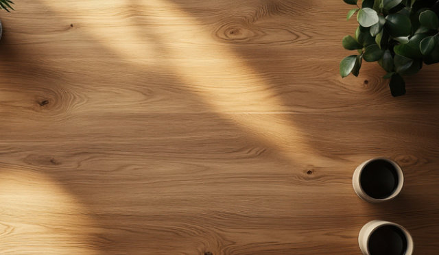 Wooden table bathed in soft sunlight, featuring two potted plants—one with thin green leaves and one with round leaves—and two cups of dark liquid, creating a warm and inviting scene.